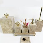 Traverten Banyo Seti 7li  Kare Gold Mercan Objeli Standlı